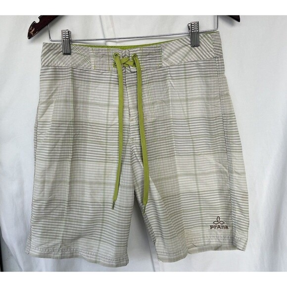 PrAna Men’s Drawstring Plaid Board Shorts Size 28 Green UPF 50+ Surf Swim Beach - Picture 1 of 6